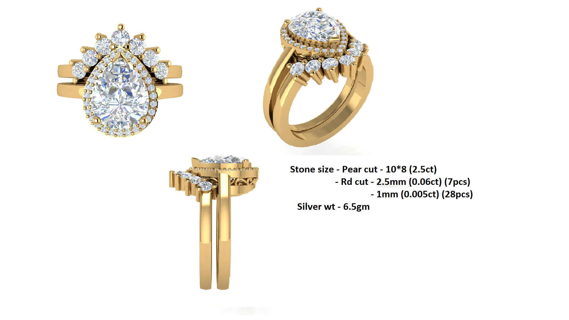 RKC 2.93 Ct Pear Cut Moissanite გულისხმიერი 925 ვერცხლის საქორწილო კომპლექტი ქალებისთვის 14K ვარდის ოქროთი მოოქროვილი Wt 6.5 გ