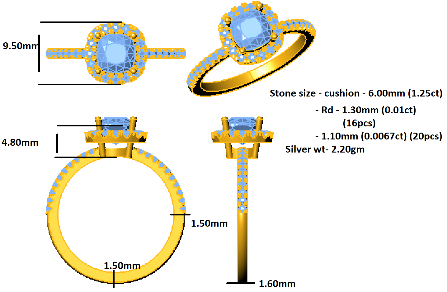 RKC خاتم نسائي هالو مويسانيتي مقطوع على شكل وسادة للمناسبات الخاصة 925 فضة إسترلينية 14 قيراط مطلي بالذهب الأصفر وزن 2.20 جم عرض 1.60 مم