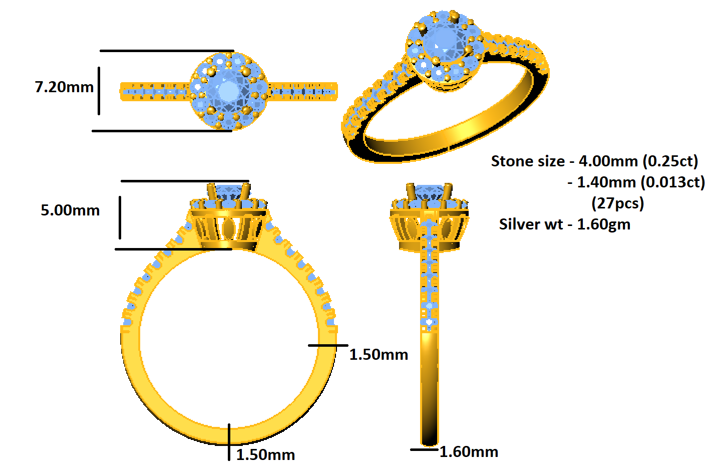 RKC Moissanite Round Cut Halo Flower Halo Engagement Ring For Women's 925 Silver 14K Yellow Gold Plated Wt 1.60 gm