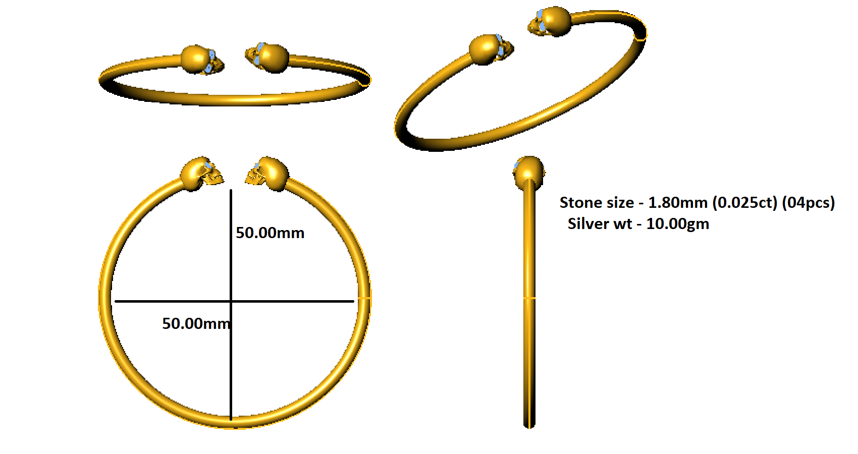 RKC 925 Sterling Silver 0.1Ct Moissanite Women Skull Bangle 14K Rose Gold Plated Wt 10.00gm Height 50.00mm