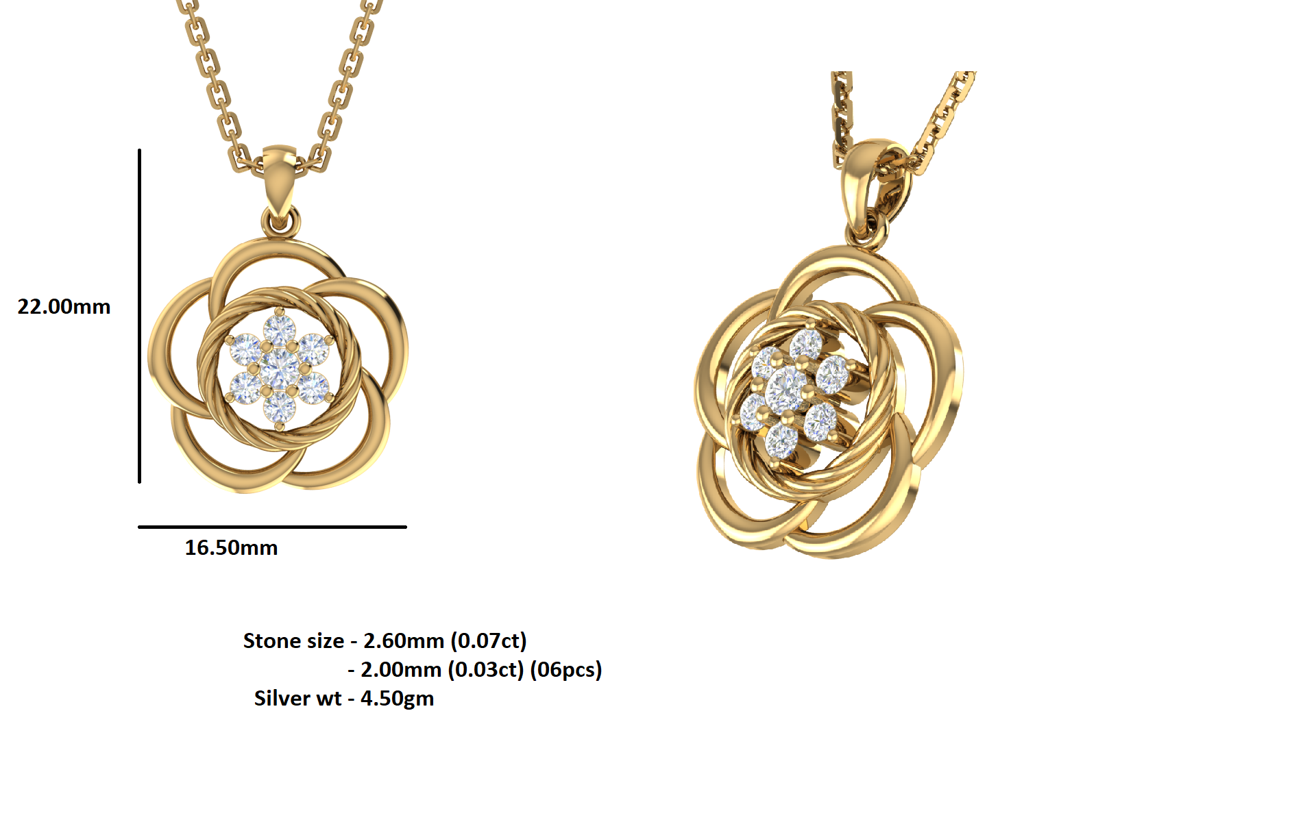 RKC 0.25CT 플로랄 모이사나이트 펜던트 925 실버 주얼리 14K 로즈 골드 도금 중량 4.50gm 높이 22.00mm