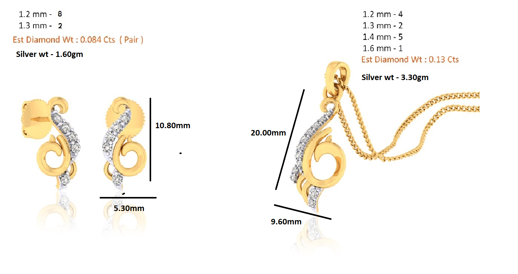 RKC 925 સિલ્વર ગોલ્ડન ટોટલ 0.21Ct મોઈસાનાઈટ પેન્ડન્ટ Wt 3.30gm અને Wt એરિંગ 1.60gm સેટ 14K યલો ગોલ્ડ પ્લેટેડ સાથે