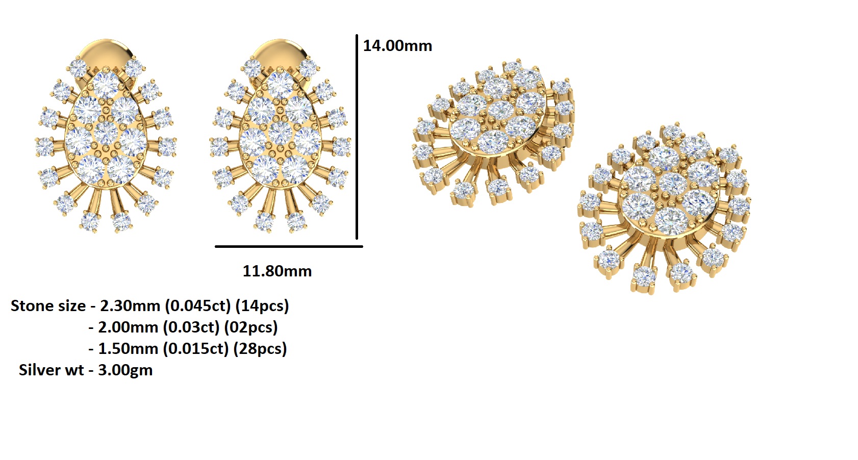 RKC 925 Sterling Silver Stud Cluster Women's Earring 14k White Over Wt 3.00gm Height 14.00mm