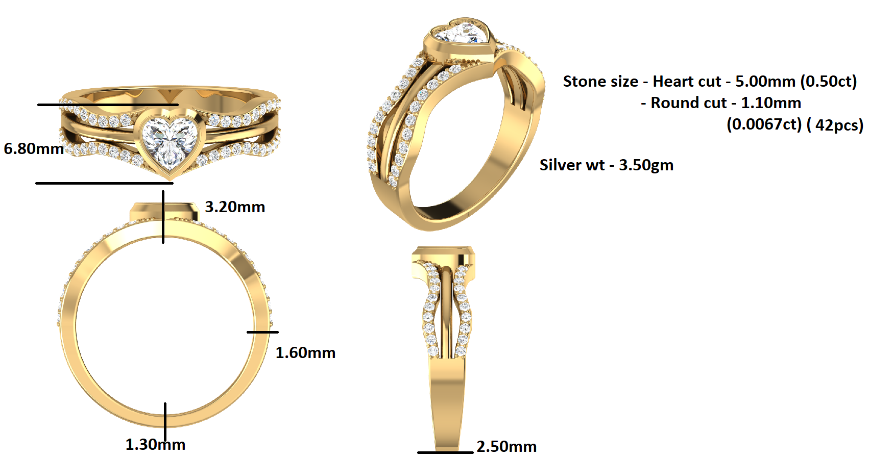 RKC szív moissanite eljegyzési gyűrű 925 ezüst 14K fehérarany bevonattal női súlyhoz 3,50 g