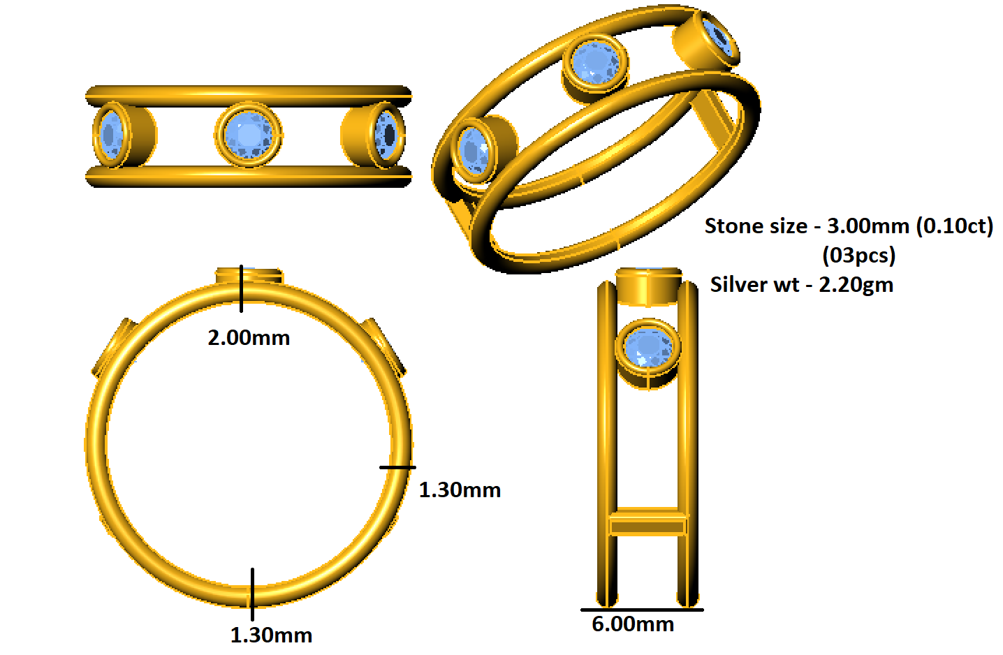 RKC 3 мм Муасаніт з трыма абадкамі Заручальны пярсцёнак для падарунка Срэбра 925 пробы з ружовым пазалотай 14 карат Вага 2,20 г Шырыня 6 мм