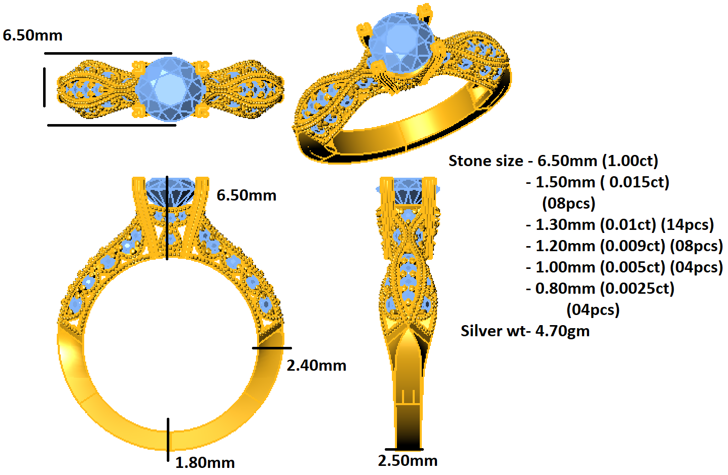 Заручальны вясельны пярсцёнак RKC з круглым муасанітам Milgrain Solitaire, срэбра 925 пробы, пакрыццё з ружовага золата, вага 4,70 г, шырыня 2,50 мм