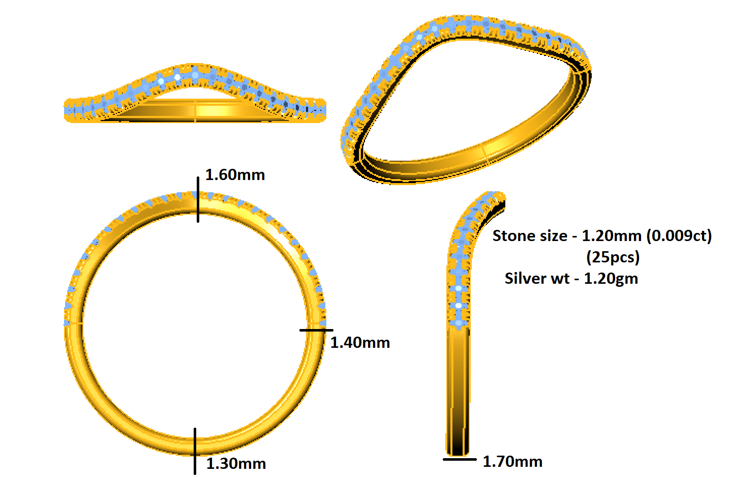 RKC Moissanit gebogener Damen-Hochzeitsring, 925er-Sterlingsilber, 14 Karat Gelbgold vergoldet, Gewicht 1,20 g, Breite 1,70 mm