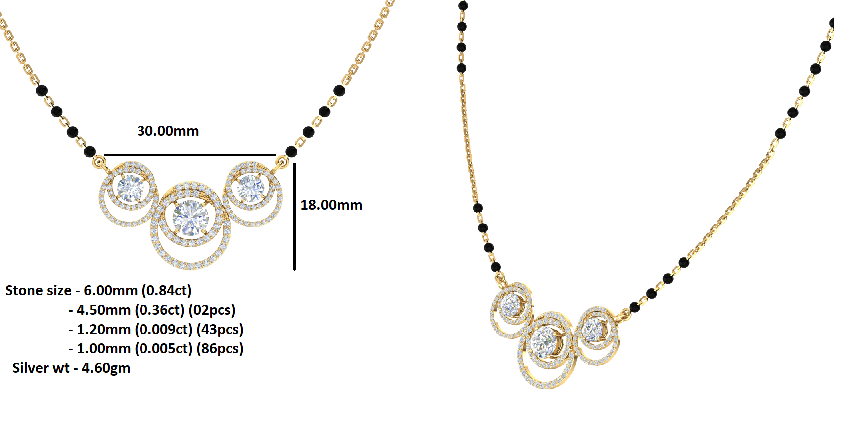 RKC 2.4 CT Moissanite Women Mangalsutra 925 Silver 14k Yellow gold Plated Product Weight 4.60 GM Height 18.00 MM