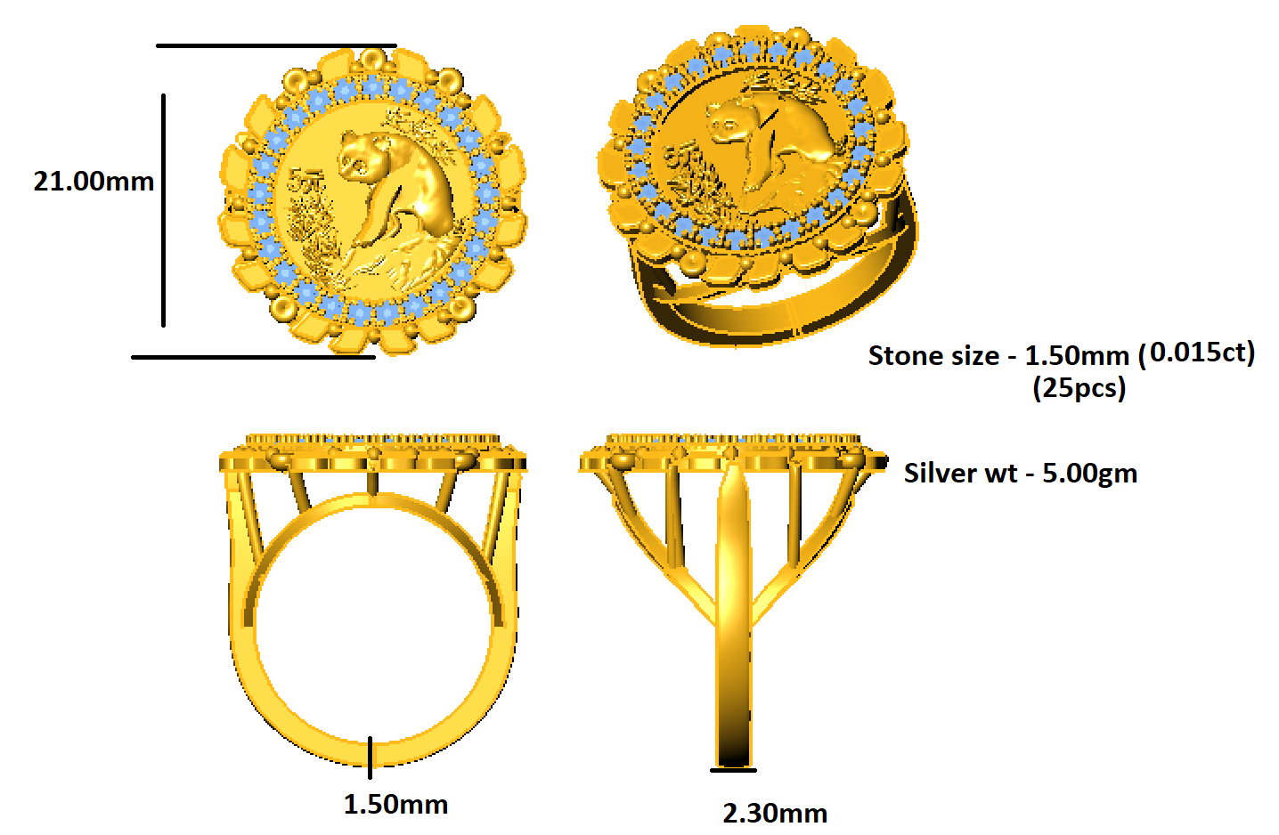 خاتم مويسانيتي من RKC للنساء بتصميم دائري من الفضة عيار 925 ومطلي بالذهب الأصفر عيار 14 وزن 5 جرام عرض 2.30 ملم