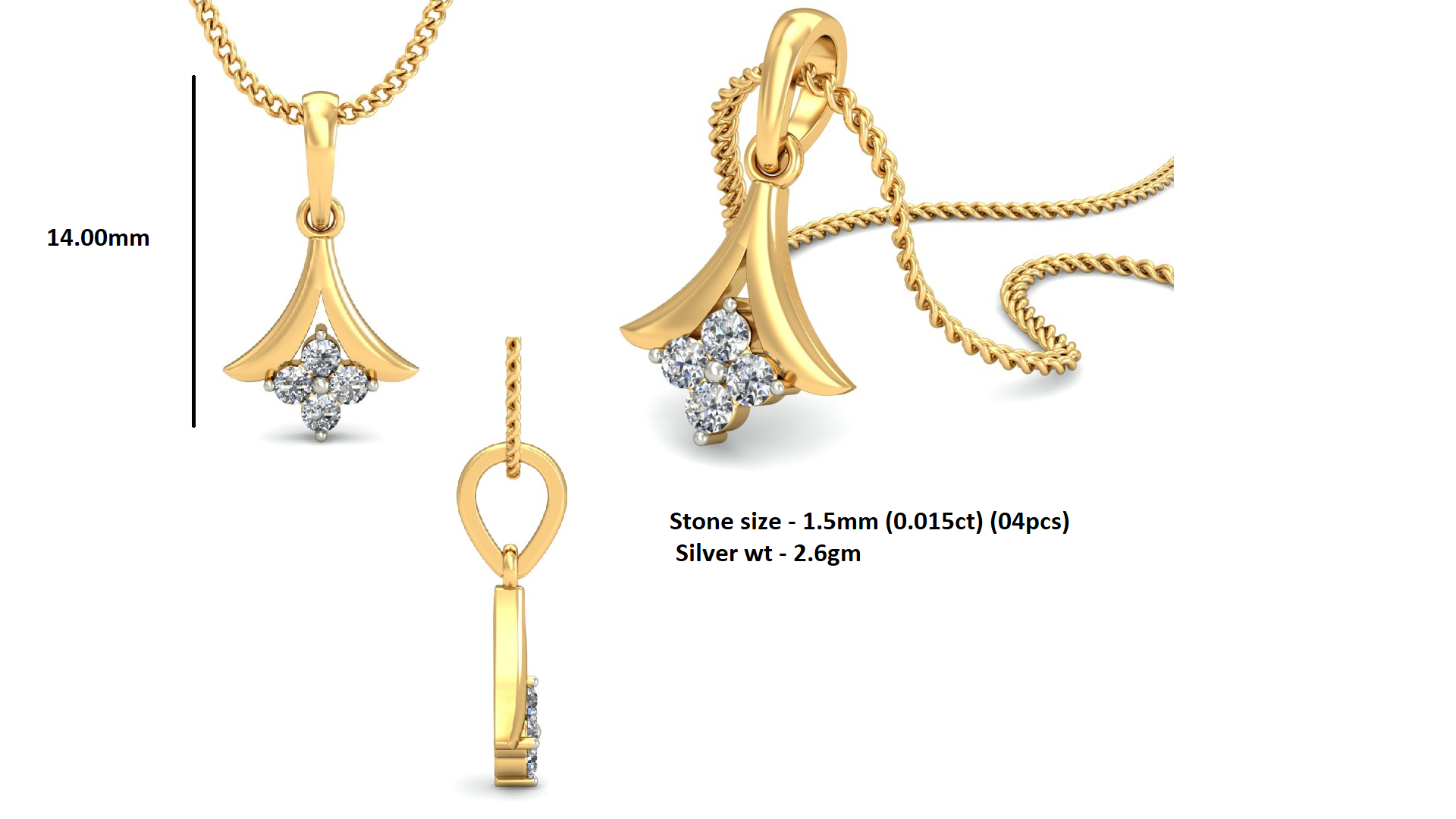 قلادة RKC بأربعة أحجار من الفضة 0.06 قيراط مويسانيتي للنساء بلمسة نهائية من الذهب الأصفر عيار 14 قيراط وزن 2.6 جرام ارتفاع 14 ملم