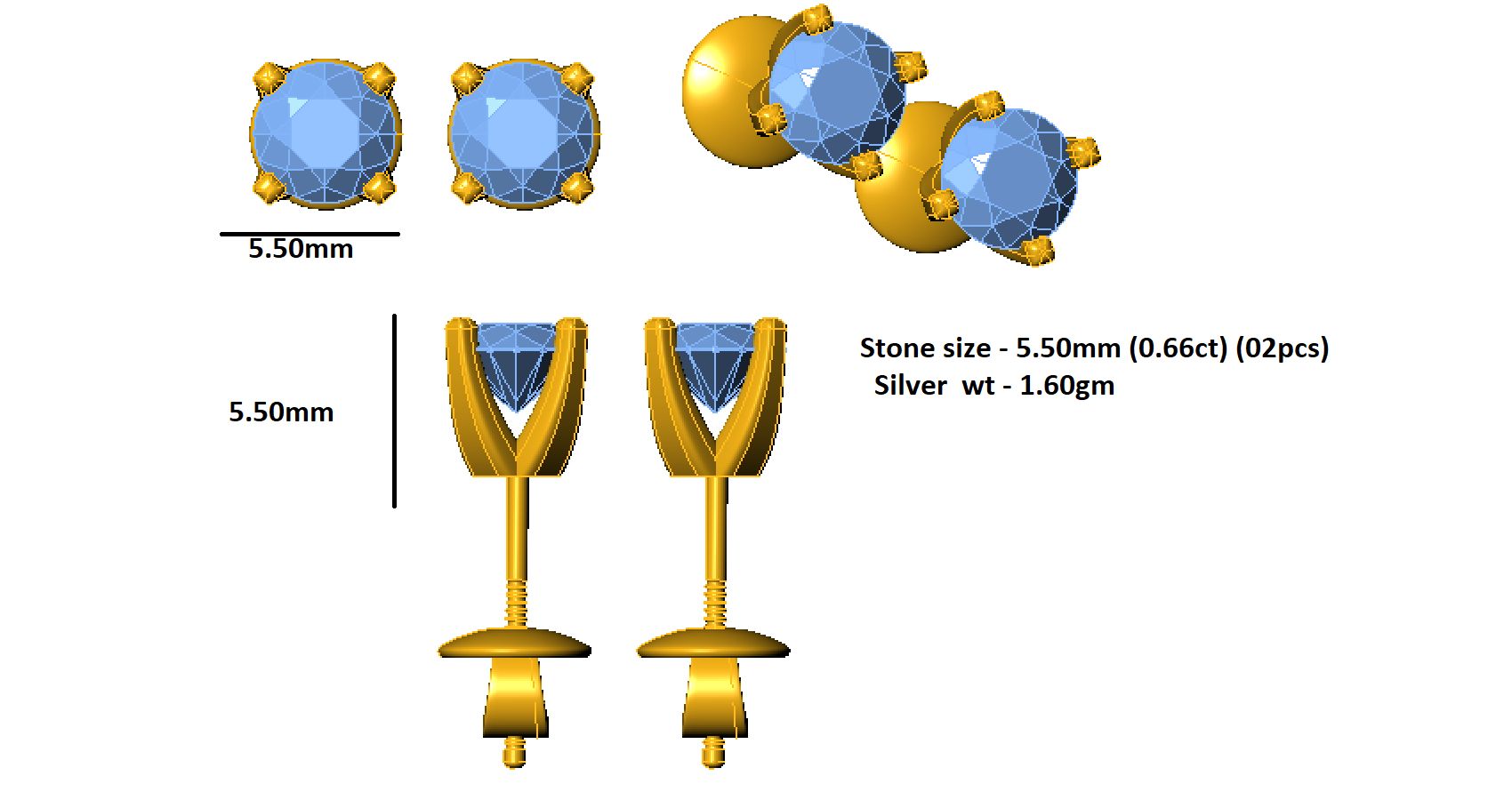 RKC 925 Sterling Silver Unisex Four Prong Stud Earring 14k Yellow Over Product Weight 1.60 GM Height 5.50 MM