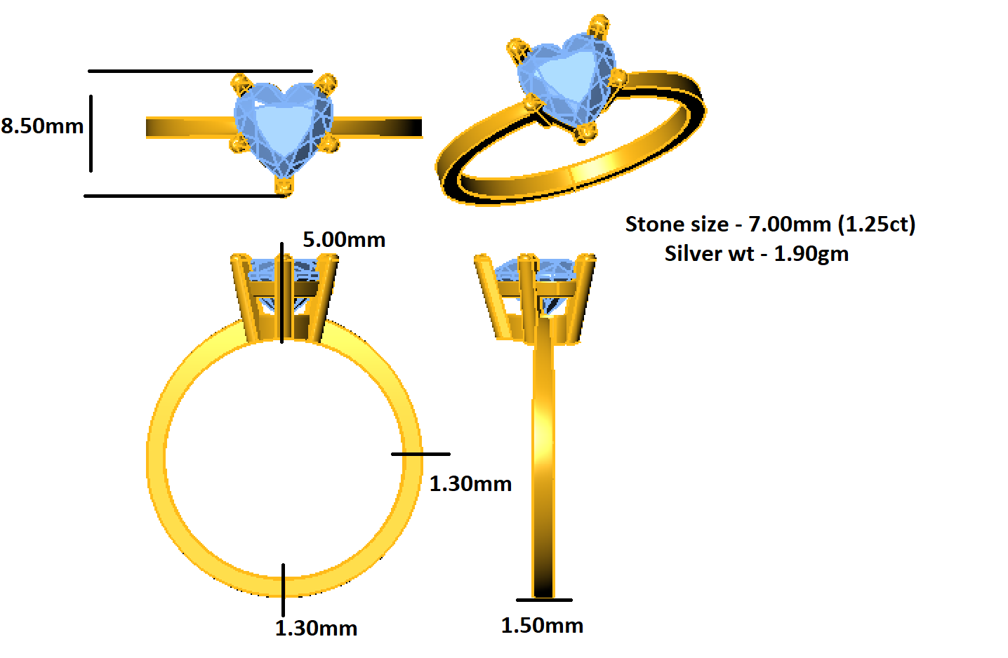 Пярсцёнак-саліцёр у форме сэрца RKC Moissanite з стерлингового срэбра 925 пробы з пакрыццём з ружовага пазалоты Вага 1,90 г, шырыня 1,50 мм
