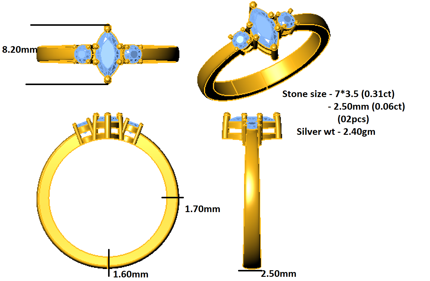 RKC Marquise Moissanite Statement Ring 925 Silver 14K Yellow Gold Plated Ring For Ladies' Wt 2.40 gm Width 2.50 MM