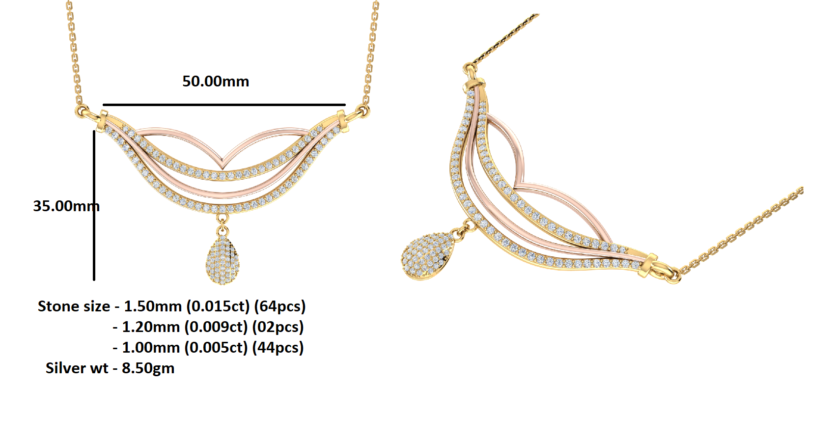 Σετ κολιέ δάκρυ RKC 1.198Ct Moissanite 925 Ασήμι 14 καρατίων ροζ επιχρυσωμένο Βάρος προϊόντος 8,50 gm Ύψος 35,00 mm