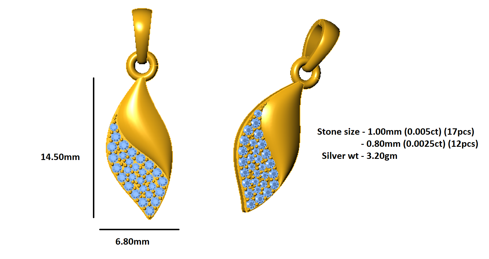 RKC 0.11Ct Moissanite Leaf Pendant 925 Silver Jewelry 14K Rose Gold Plated Wt 3.20gm Height 14.50mm