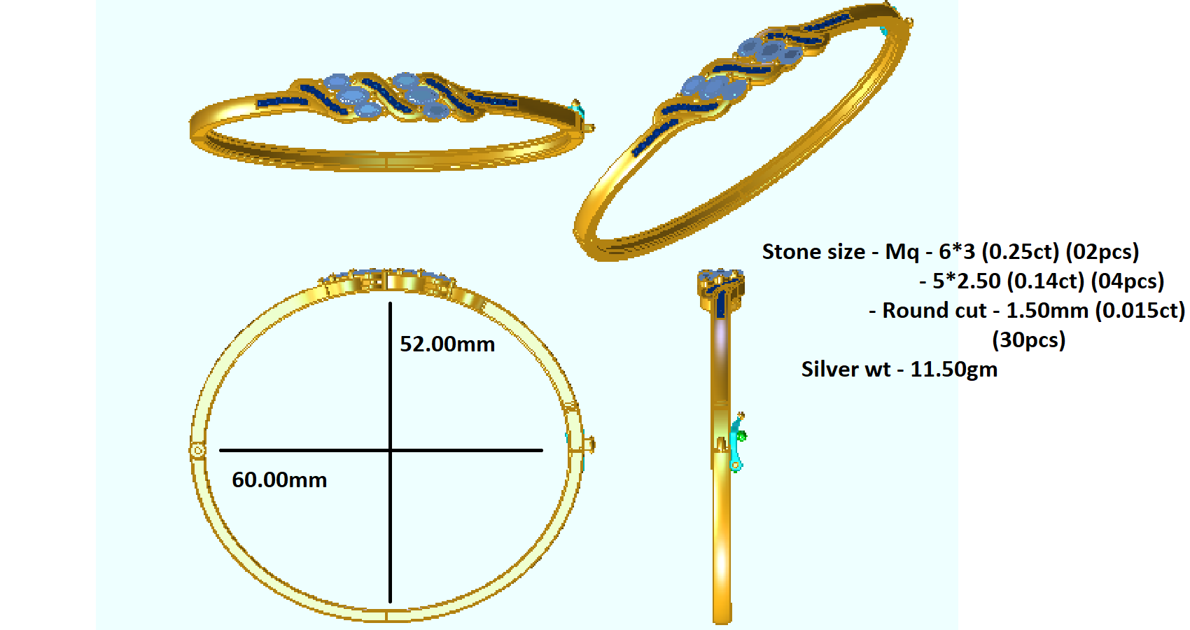 RKC 925 Sterling Silver 1.51Ct Moissanite Women's Bangle 14K Yellow Gold Plated Wt 11.50gm Height 52.00 MM