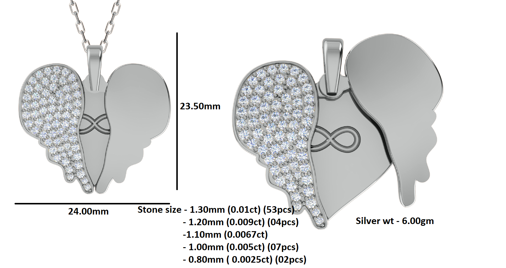 RKC 0.61Ct Moissanite Wing Heart Pendant 925 Silver Jewelry 14K Rose Gold Plated Wt 6gm Height 23.50mm