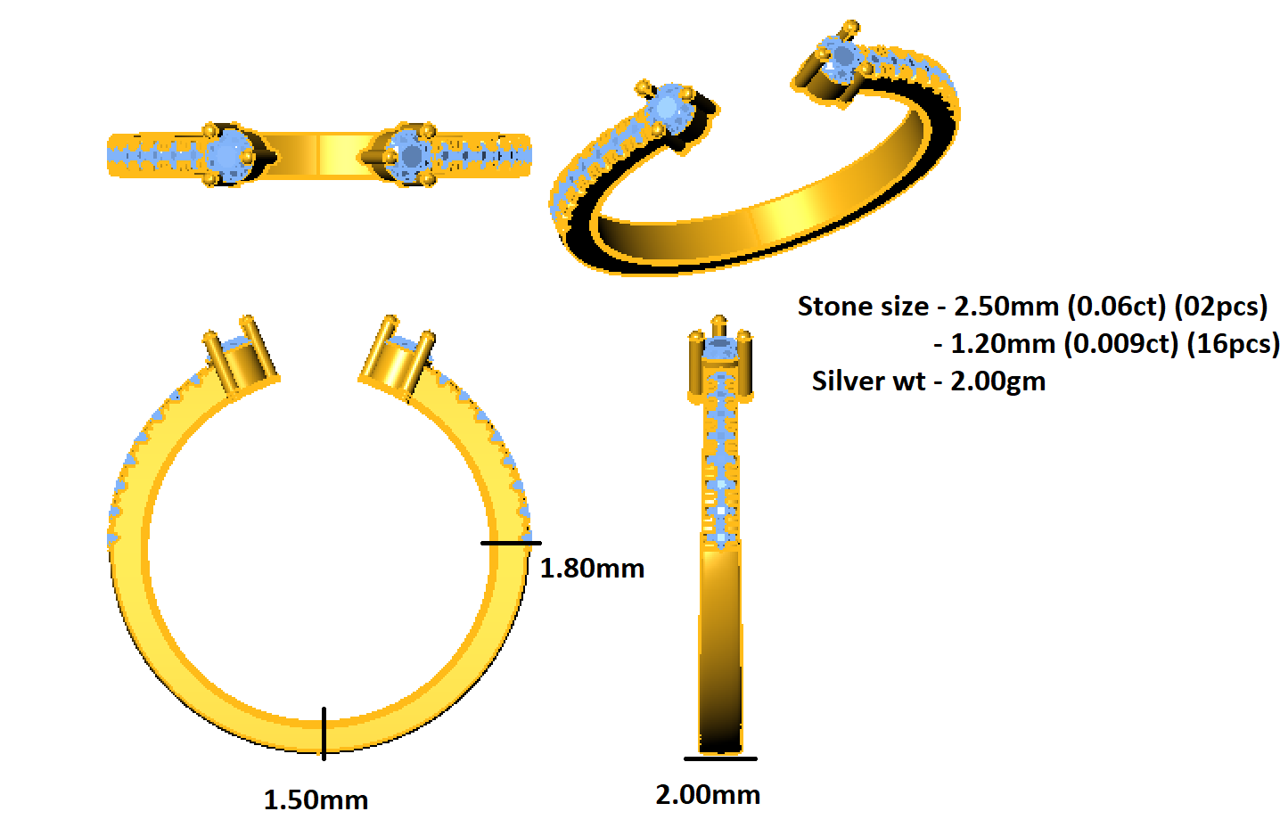 RKC Moissanite Adjustable Open Band For Birthday Gift 925 Sterling Silver 14K Yellow Gold Plated Wt 2 gm Width 2 MM