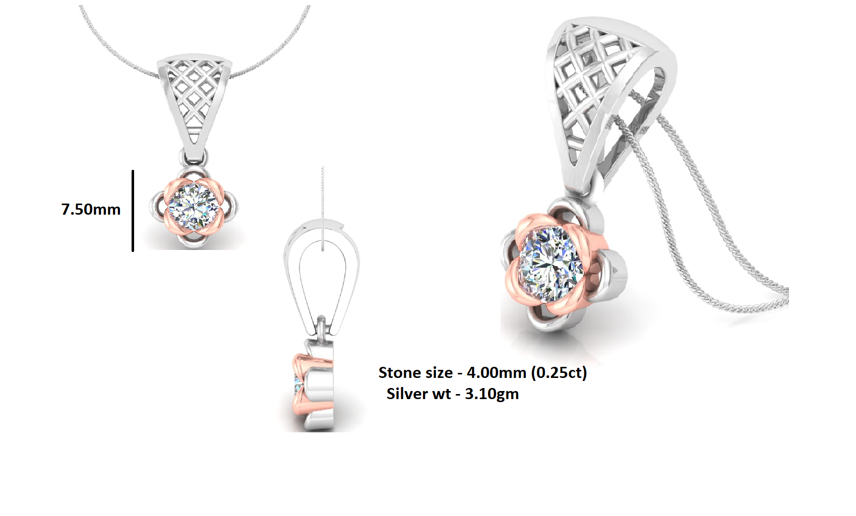 RKC Handcrafted Sterling Silver Flower 0.25 Ct Round Moissanite Drop Pendant 14K Two Tone Gold Plated Wt 3.10 gm