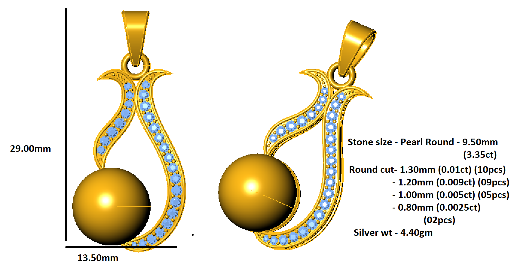 RKC 3.35Ct ময়সানাইট এবং পার্ল ড্রপ দুল 925 সিলভার জুয়েলারী 14K হলুদ সোনার প্রলেপ 4.40gm 29.00mm