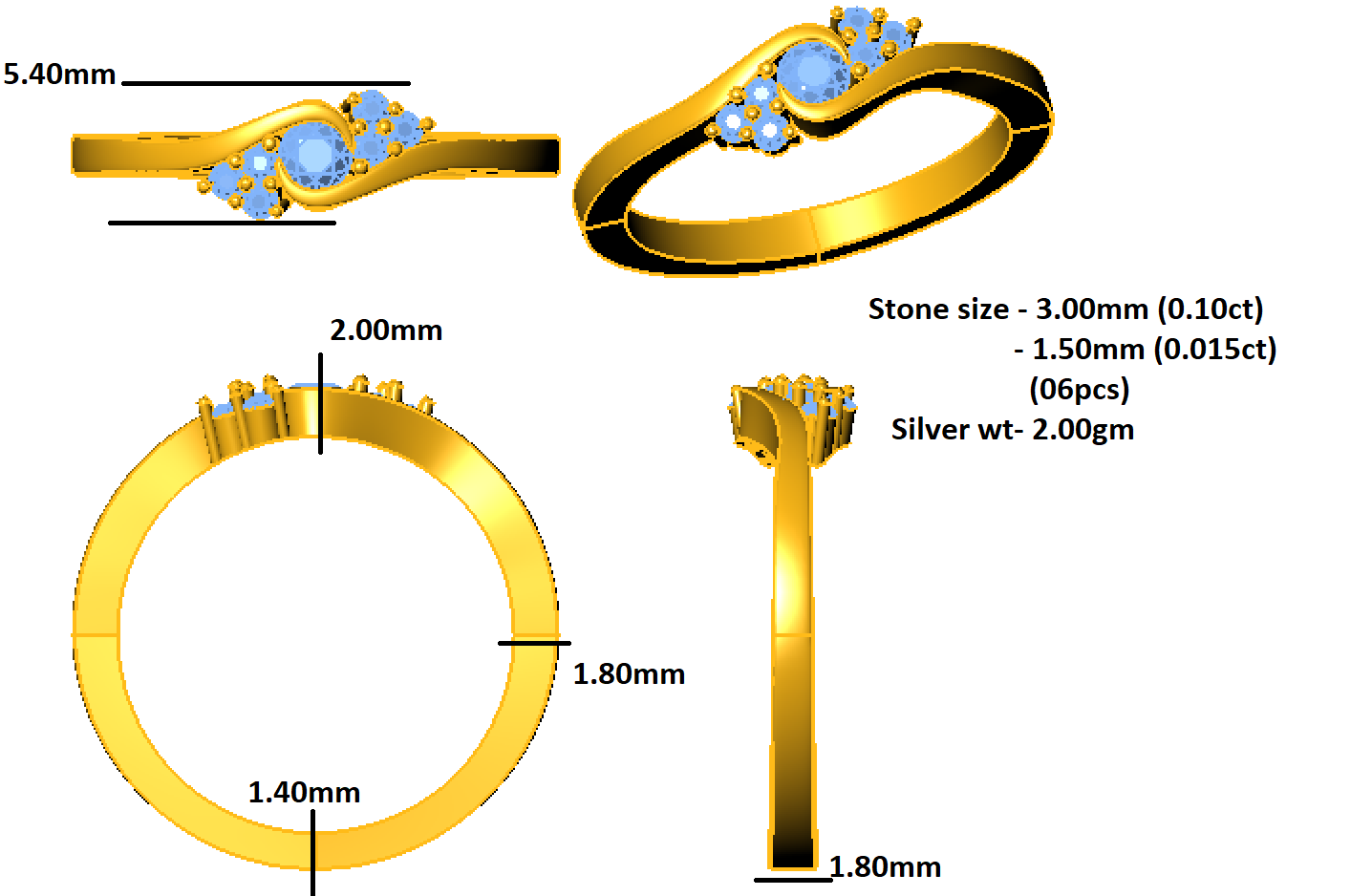 RKC Moissanite Engagement Bypass Ring For Women's Gold Plated 925 Silver 14K Rose Gold Plated Wt 2 gm Width 1.80 MM