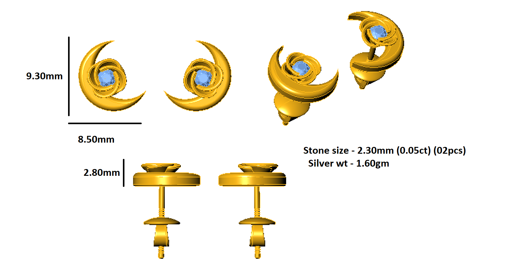 RKC 925 Sterling Silver Half Moon Push Back Women's Earring 14k White Gold Over 1.60Wt Height 9.30mm