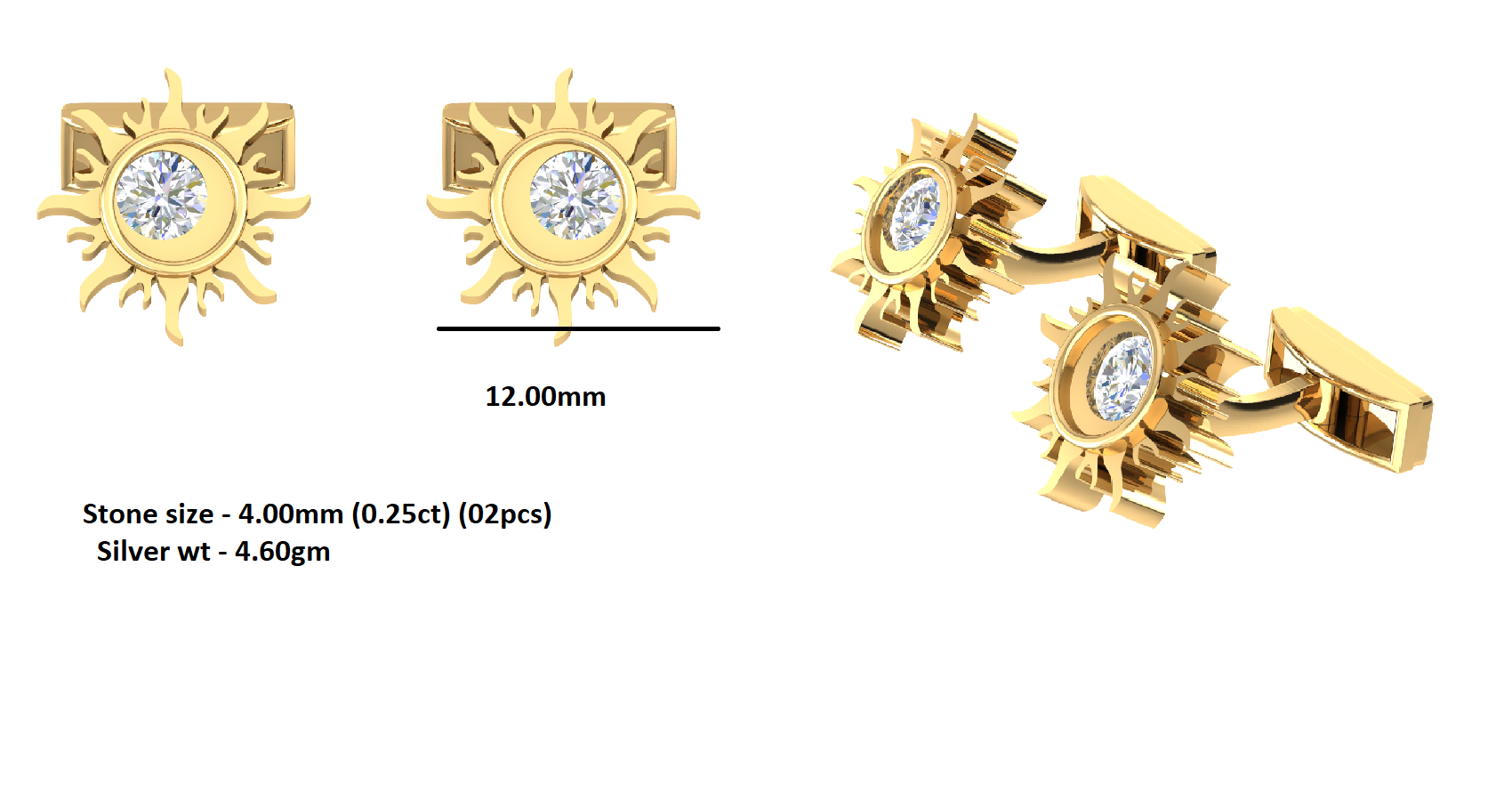 RKC Moissanite 925 Sterling Silver Cufflinks & Brooch 14K Yellow Gold Plated Product Wt 4.60 gm
