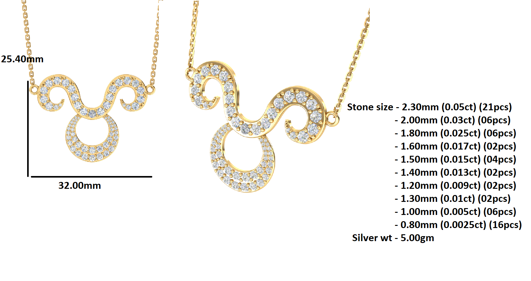 RKC 1.60Ct Moissanite Charming Aries Necklace Set 925 Silver 14k Yellow Gold Plated Weight 5.00gm Height 25.40mm