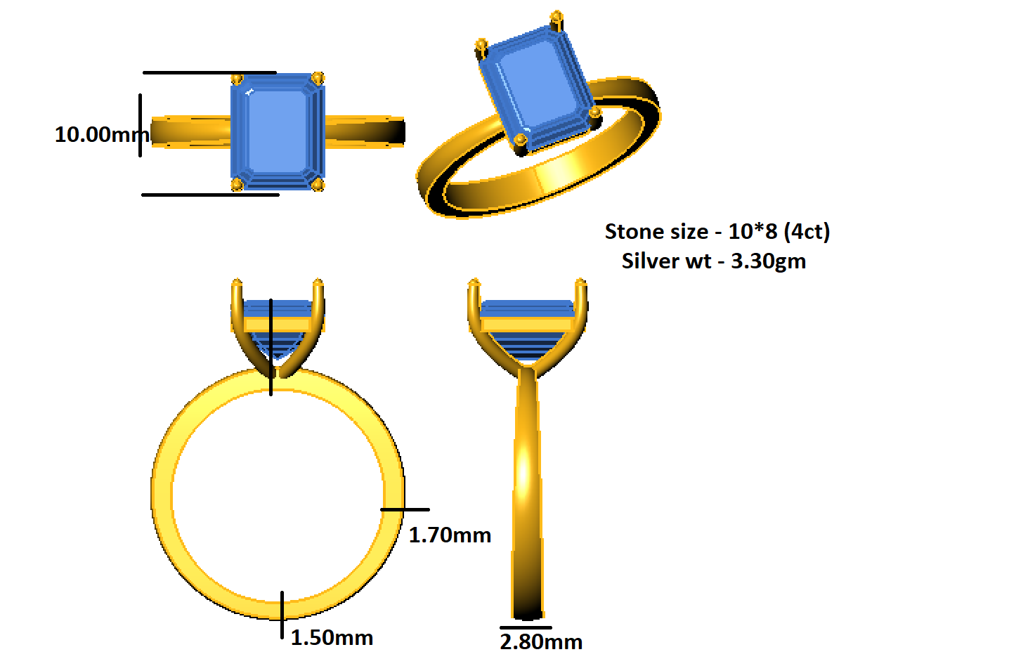 RKC Cincin Pertunangan Janji Solitaire Berlian Hitam Potongan Zamrud 14K Berlapis Emas Kuning 925 Perak Berat 3,30 Gram Lebar 2,80 MM