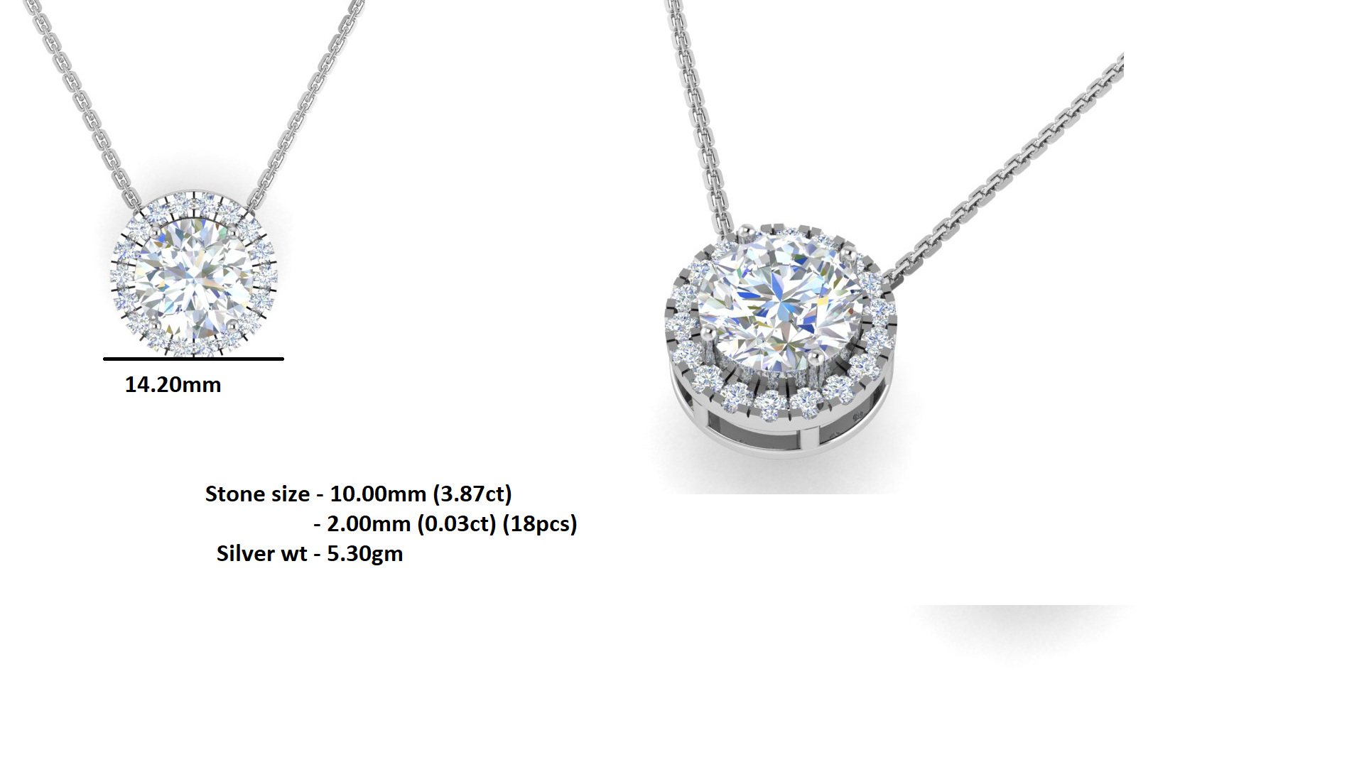 RKC 4.41 Ct Moissanite Solitaire Halo Pendant Necklace White Gold Plated Wt 5.30gm