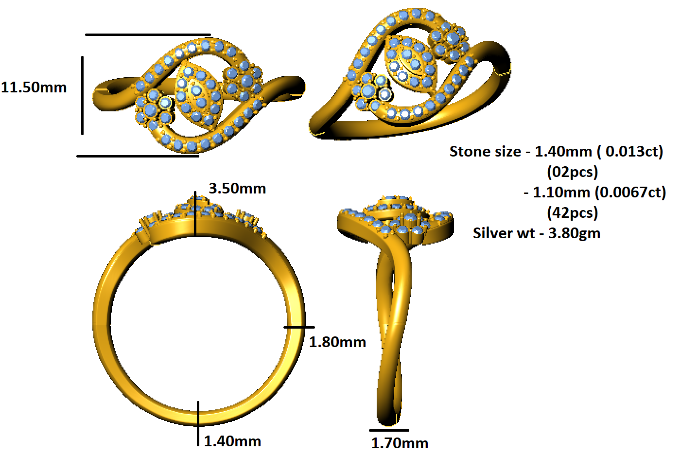 आरकेसी राउंड मोइसानाइट बाईपास फ्लावर महिलाओं की अंगूठी 14K पीला सोना मढ़वाया 925 स्टर्लिंग सिल्वर वजन 3.80 ग्राम चौड़ाई 1.70 एमएम