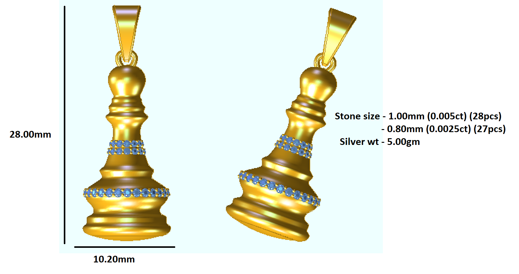 RKC 0.20Ct मोइसनाइट क्वीन चेस पीस लटकन 925 चांदीचे दागिने 14K पिवळा सोन्याचा मुलामा 5gm 28.00MM