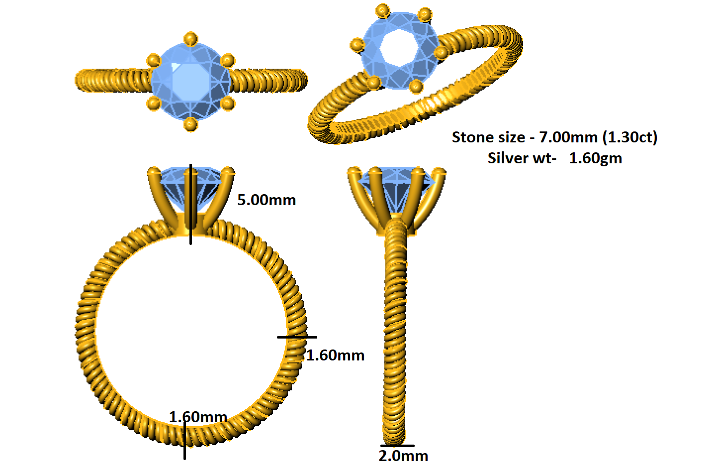RKC 7 мм, круглы пасьянс з муасаніта 925 пробы, аплецены срэбрам, набор зубцоў, якія можна нарошчваць, 14-каратнае ружовае золата, вага 1,60 г, шырыня 2 мм