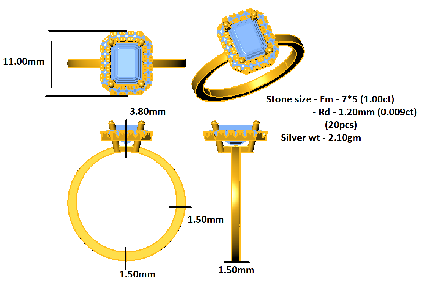 خاتم خطوبة هالة مويسانيتي قطع الزمرد من RKC فضة استرليني 925 مطلي بالذهب الأصفر وزن 2.10 جم عرض 1.50 مم