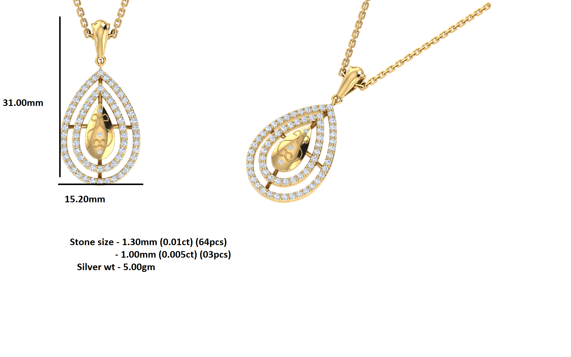 RKC 0.65Ct 눈물방울 모이사나이트 펜던트 925 실버 주얼리 14K 옐로우 골드 도금 중량 5 gm, 높이 31mm