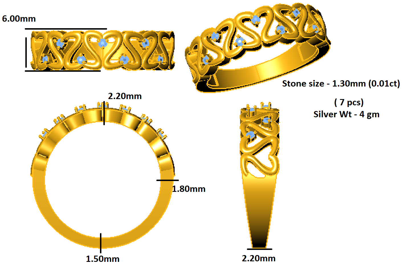RKC Moissanite Heart Shape Birthday Gift Band Ring For Mother 925 Silver 14K Yellow Gold Plated Wt 4 gm Width 2.20 MM