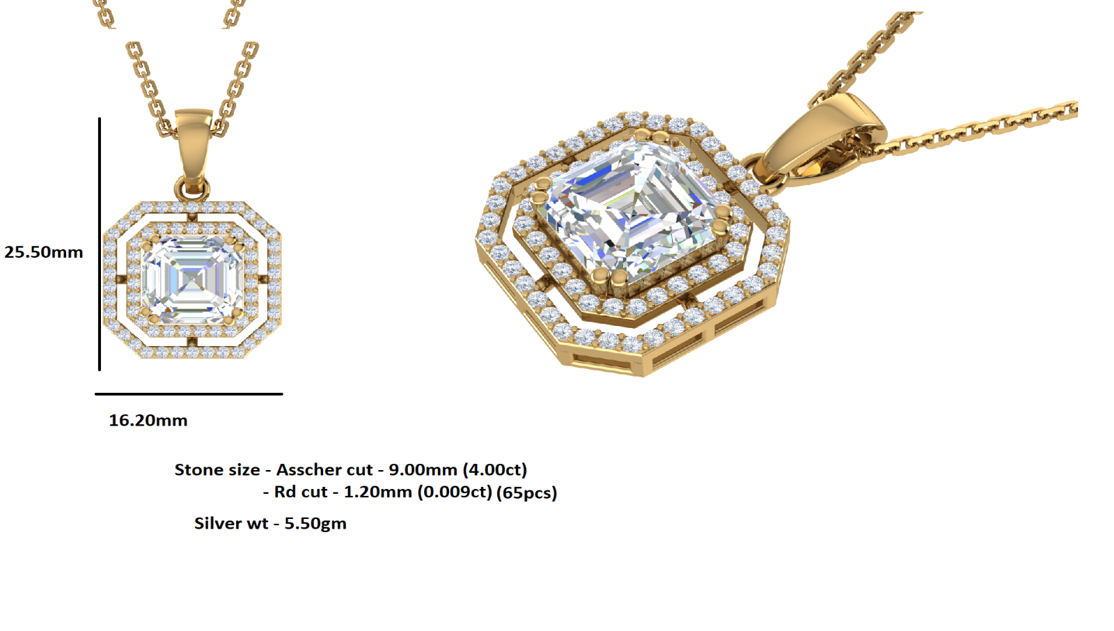 RKC 4,58 Ct Halo Moissanite medál lánccal 925 ezüst ékszer 14 K sárga aranyozott súly 5,50 g magasság 25,50 mm