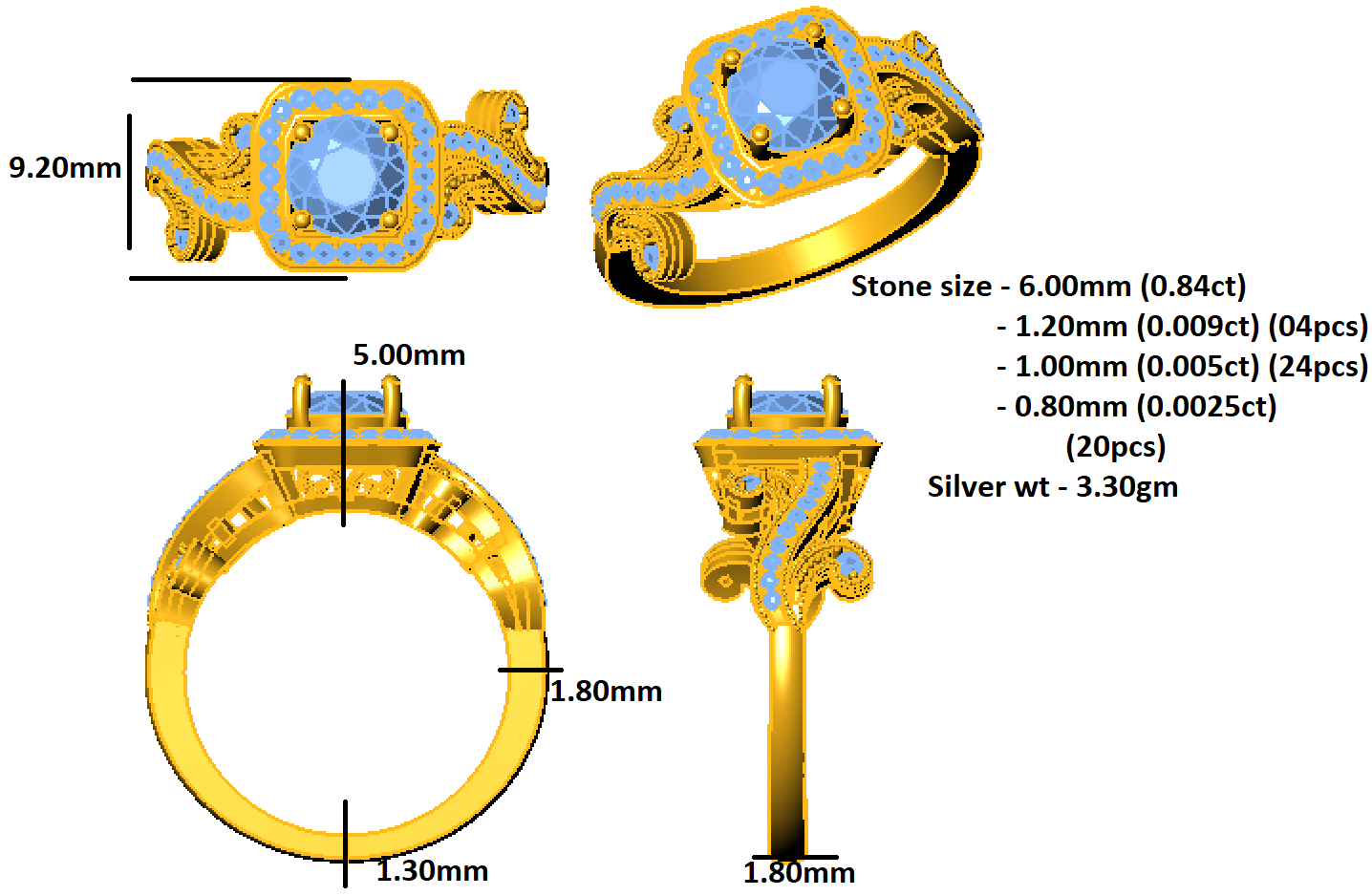 RKC Halo Round Cut Moissanite Milgrain Engagement, Wedding Ring 925 Silver 14K Yellow Gold Plated Wt 3.30 gm Width 1.80 MM