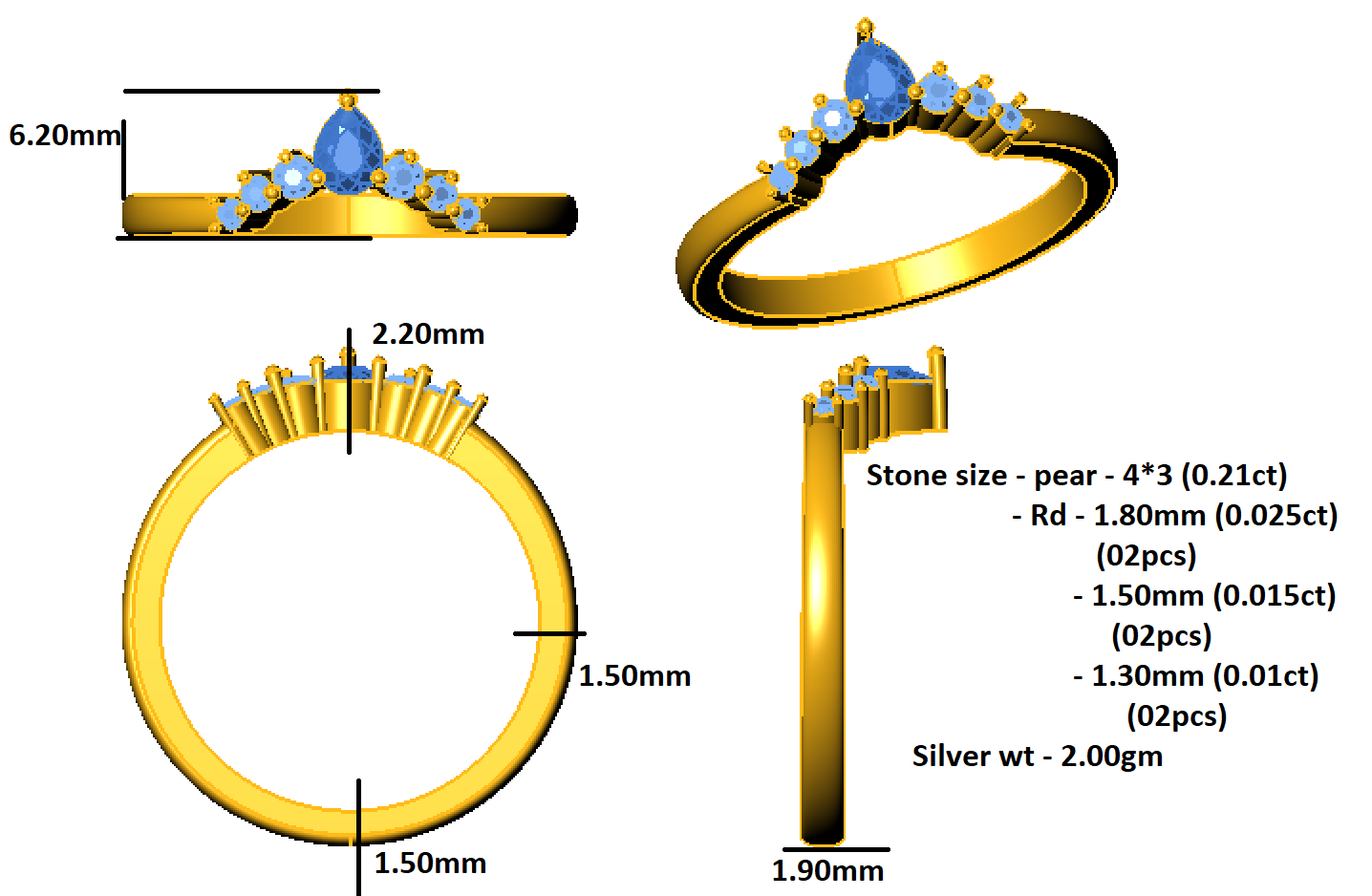 RKC Moissanit im Birnenschliff, gebogener Damen-Ehering-Schutz, 925er Silber, 14 Karat Rosévergoldung, Gewicht 2 g, Breite 1,90 mm