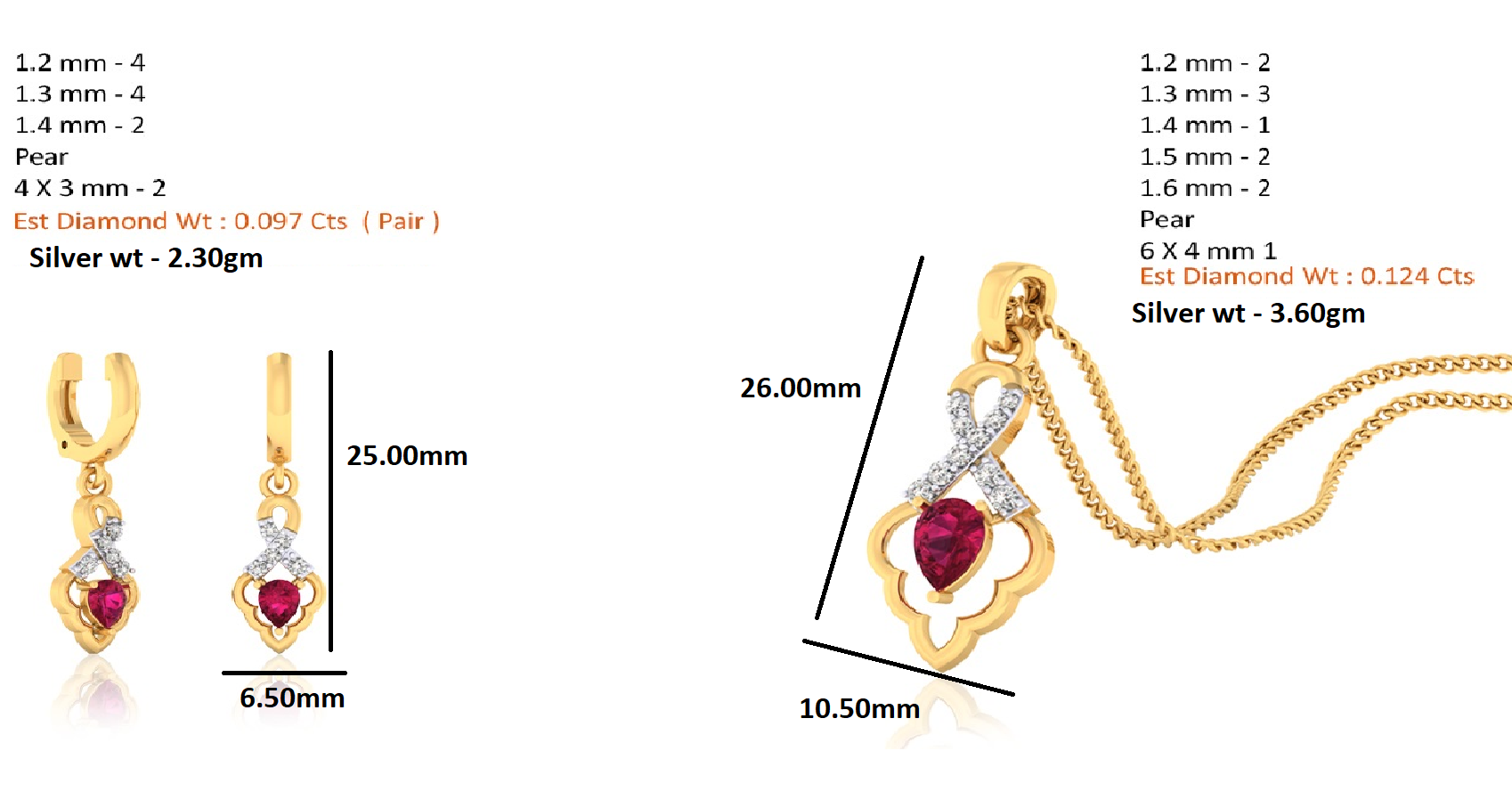 RKC 925 فضي ذهبي إجمالي 1.09 قيراط قلادة مويسانيتي بوزن 3.60 جرام ومجموعة حلق بوزن 2.30 جرام مطلية بالذهب الأصفر عيار 14 قيراط