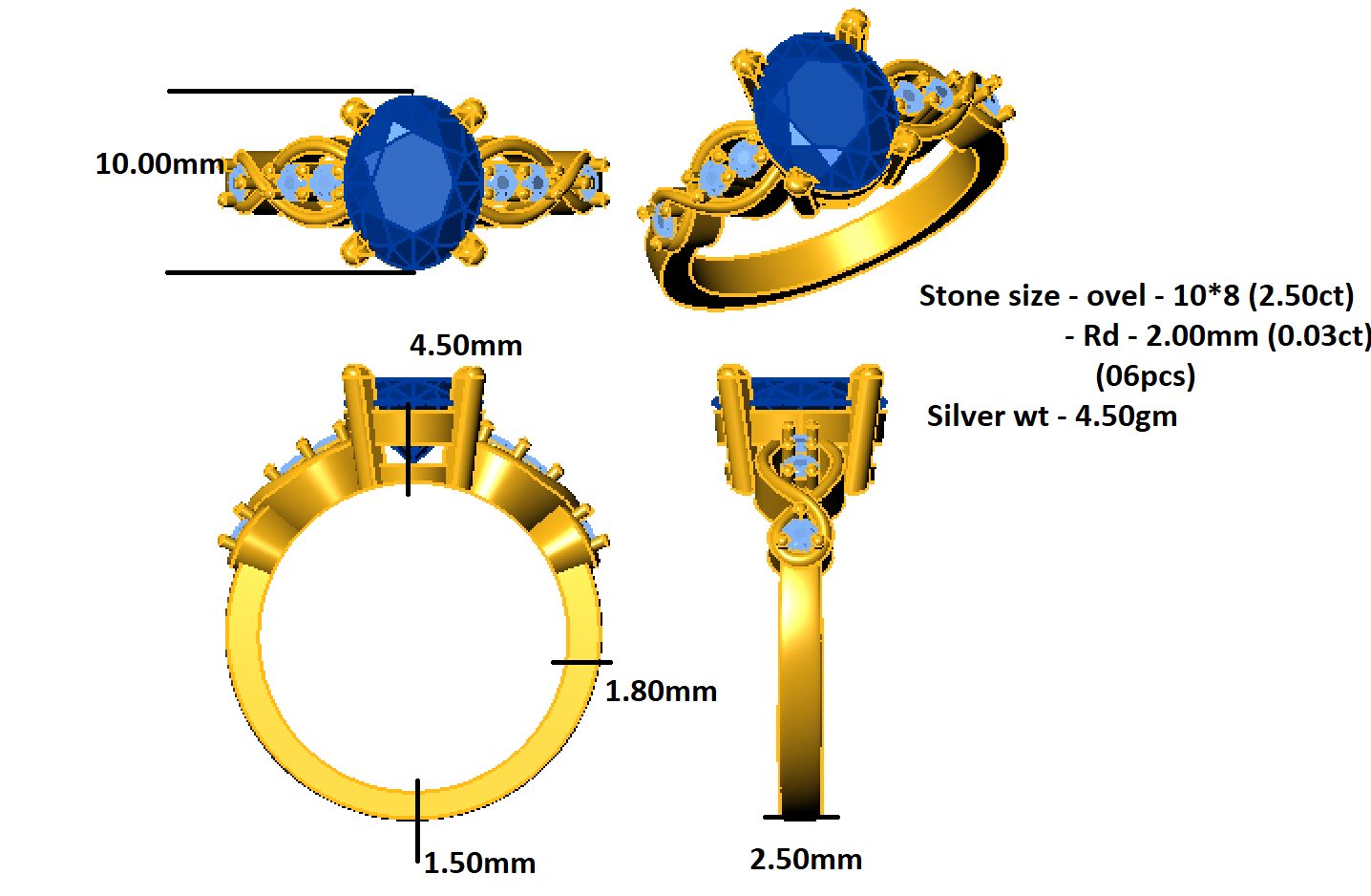 Пярсцёнак RKC з муасанітам авальнай агранкі на гадавіну вяселля 925 пробы з жоўтым пазалочаным пакрыццём Вага 4,50 г Шырыня 2,50 мм