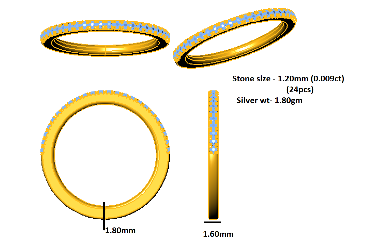 RKC Moissanit Zierlicher Ehering aus 925er Sterlingsilber, 14 Karat Gelbgold vergoldet, Gewicht 1,80 g, Breite 1,60 mm