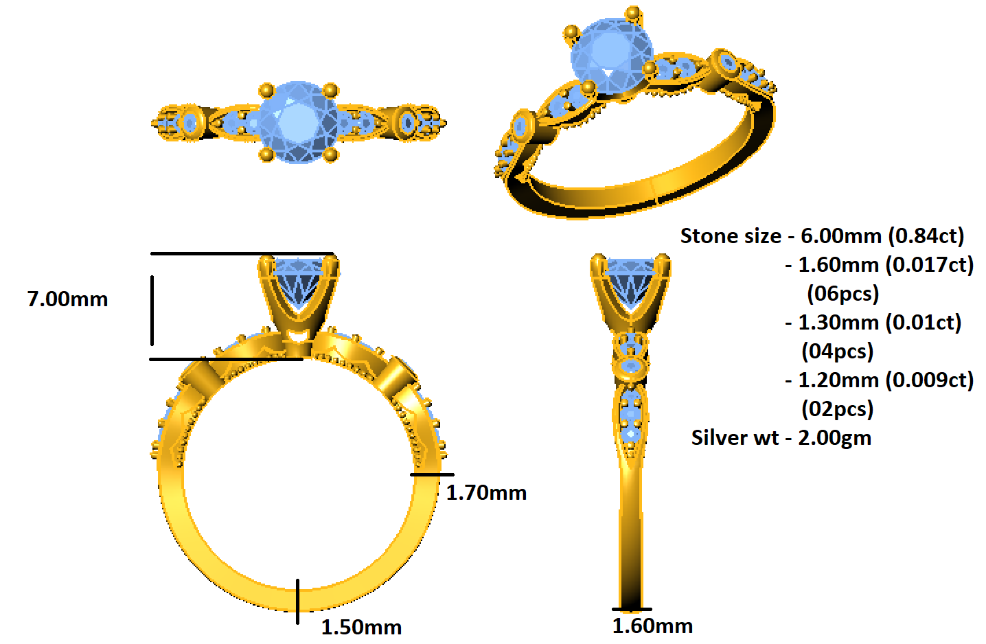 Круглы пасьянс з муасанітам RKC з акцэнтамі Жаночыя вясельныя заручальныя пярсцёнкі з 14-каратнага жоўтага золата больш за 2 г, шырыня 1,60 мм