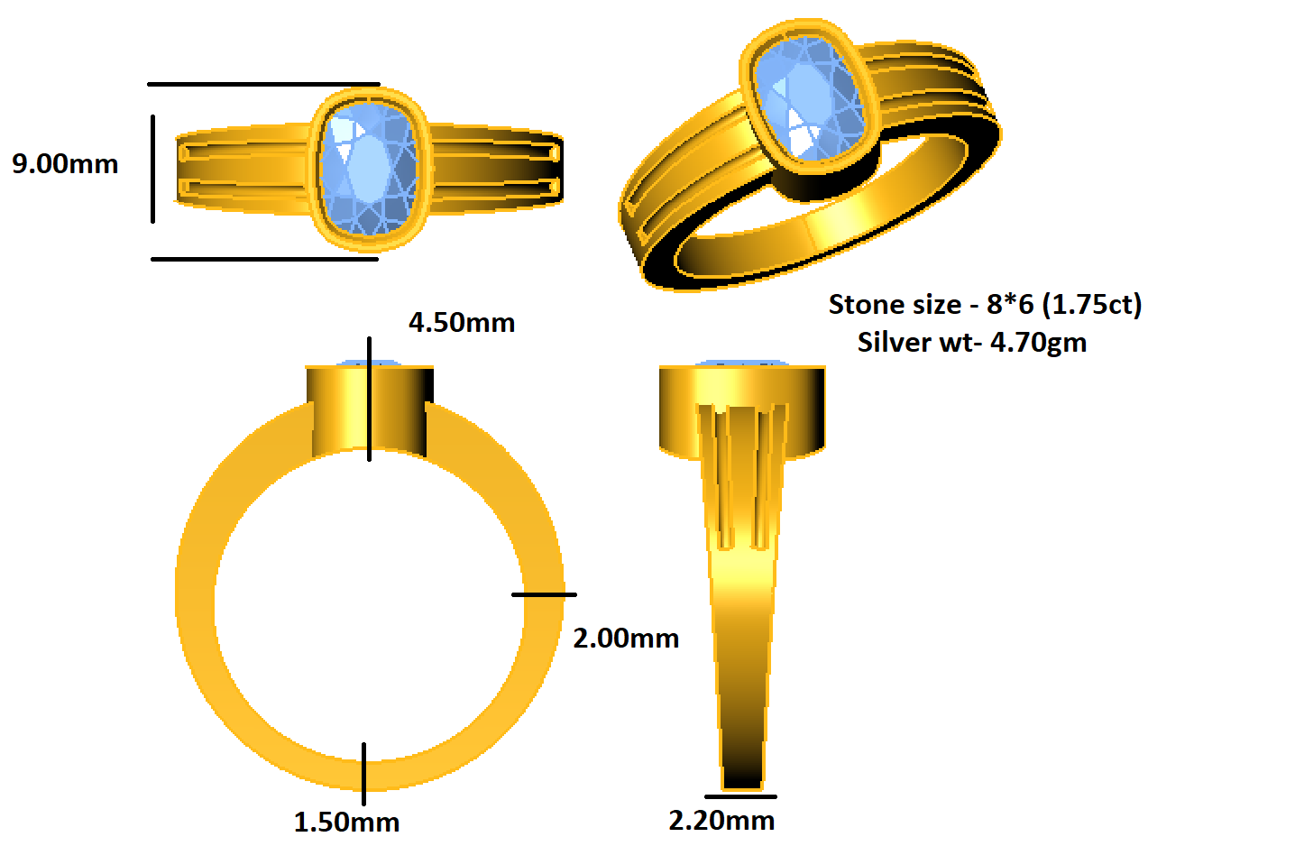 RKC Moissanite Cushion Cut Men's Solitaire Wedding Band Ring 14K Yellow Gold Plated 925 Silver Wt 4.70 gm Width 2.20 MM