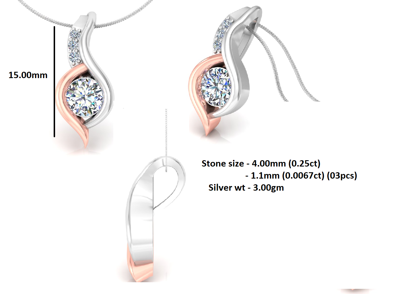 RKC 925 Sterling Silver Round 0.92 CT Moissanite Pendant 14K Rose Gold Plated Wt 3.00 gm Height 15 mm