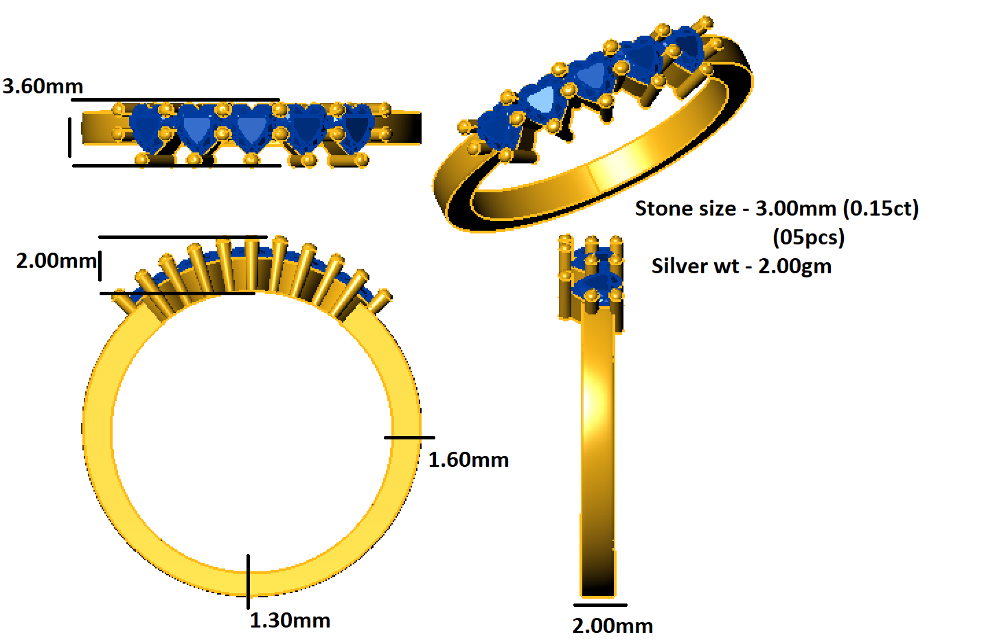 Жаночы пярсцёнак RKC з муасанітавым заручальным пярсцёнкам з пяццю сэрцамі з пакрыццём з жоўтага золата 925 пробы, вага 2 г, шырыня 2 мм