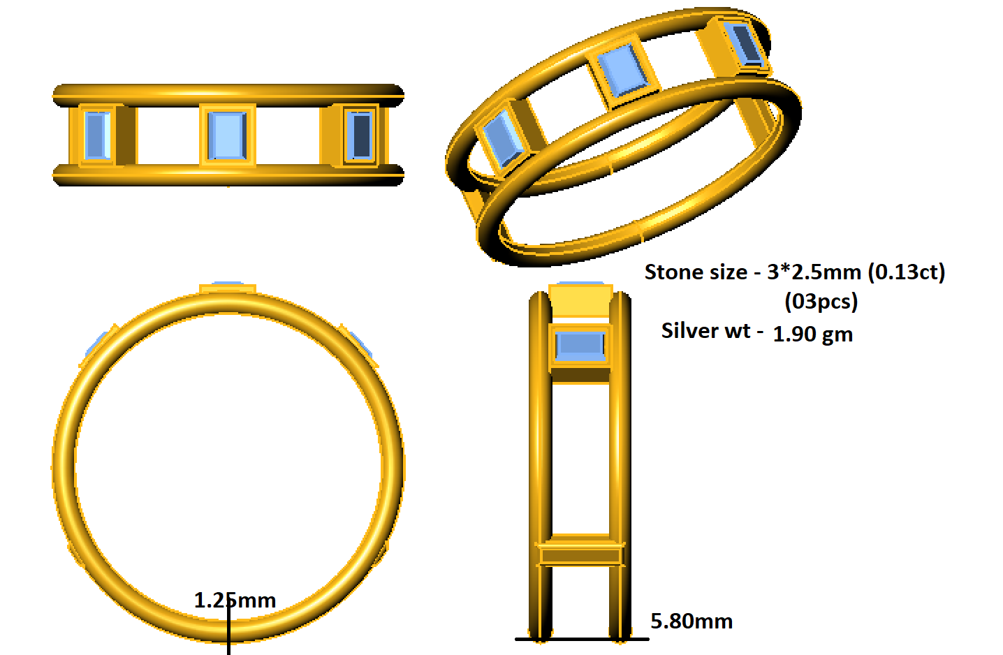 Δαχτυλίδι γάμου με μπαγκέτα RKC Unisex Moissanite 925 Ασήμι 14 καρατίων με κίτρινο επιχρυσωμένο Wt 1,90 gm Πλάτος 5,80 mm