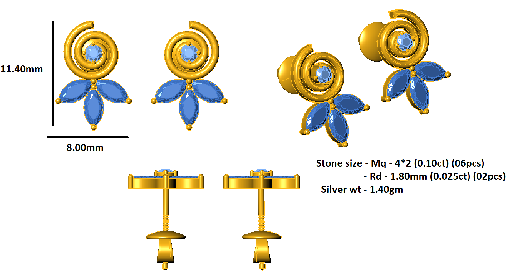 RKC 925 স্টার্লিং সিলভার ফ্লাওয়ার মহিলাদের কানের দুল 14k হলুদ সোনার Wt 1.40gm উচ্চতা 11.40mm