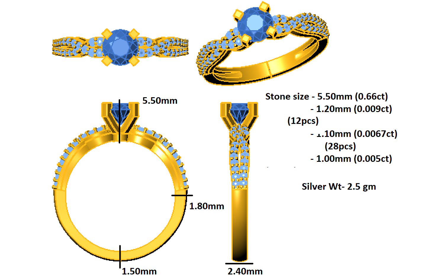 आरकेसी राउंड मोइसानाइट ट्विस्टेड वेडिंग रिंग 925 सिल्वर 14K येलो गोल्ड प्लेटेड वजन 2.5 ग्राम चौड़ाई 2.40 एमएम