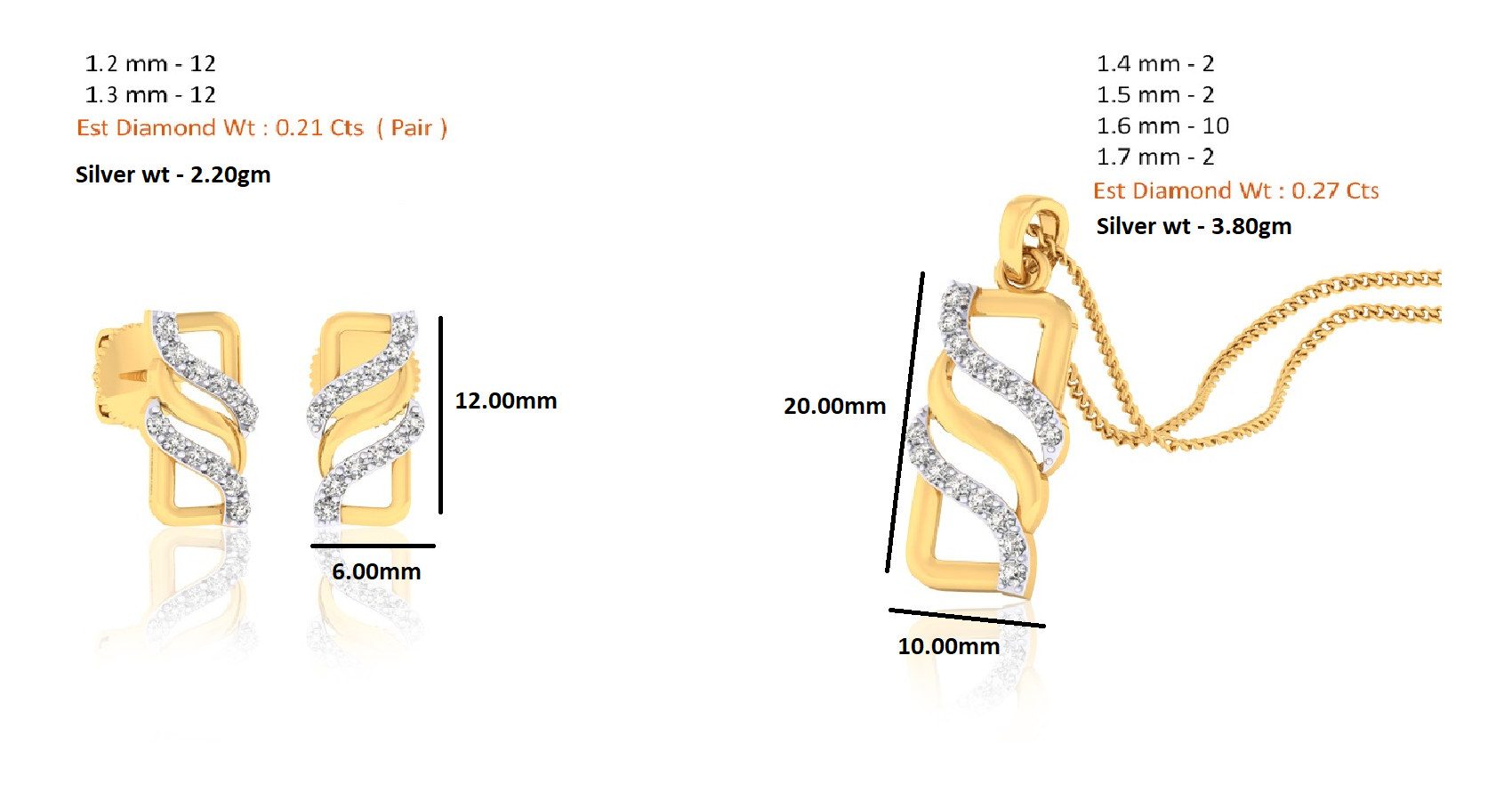 RKC 925 સિલ્વર ગોલ્ડન ટોટલ 0.48Ct મોઈસાનાઈટ પેન્ડન્ટ Wt 3.80gm અને Wt એરિંગ 2.20gm સેટ 14K યલો ગોલ્ડ પ્લેટેડ સાથે